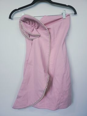 FASHIONOVA NWT NATALIA PONTE One-Shoulder Pink Pearl-Trim Dress